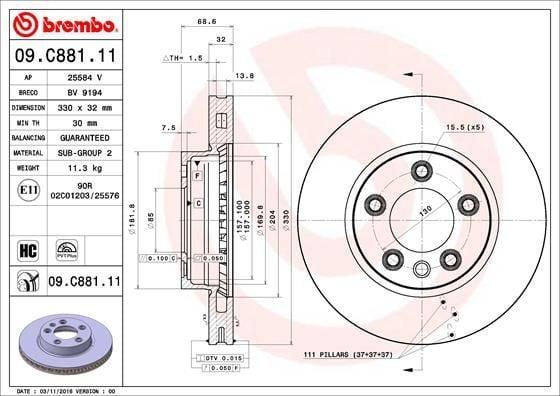 BREMBO 09.C881.11 Brake Disc for VW Touareg and Cayenne - Front Left 330mm — Brake Rotors & Drums