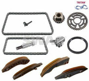 SWAG Excentric Chain Set for BMW N47, Complete kit components of SWAG Excentric Chain Set, Close-up of SWAG tensioners and chains SWAG Excentric Chain Set - Complete Kit for BMW N47 | 2x Tensioners, 3x Chains, 4x Guides SWAG Excentric Chain Set for BMW N47 - Complete Kit swag, excentric-chain-set, bmw-n47, car-parts, automotive-repair, engine-parts, mechanics, vehicle-maintenance, tensioners, ai-generated
