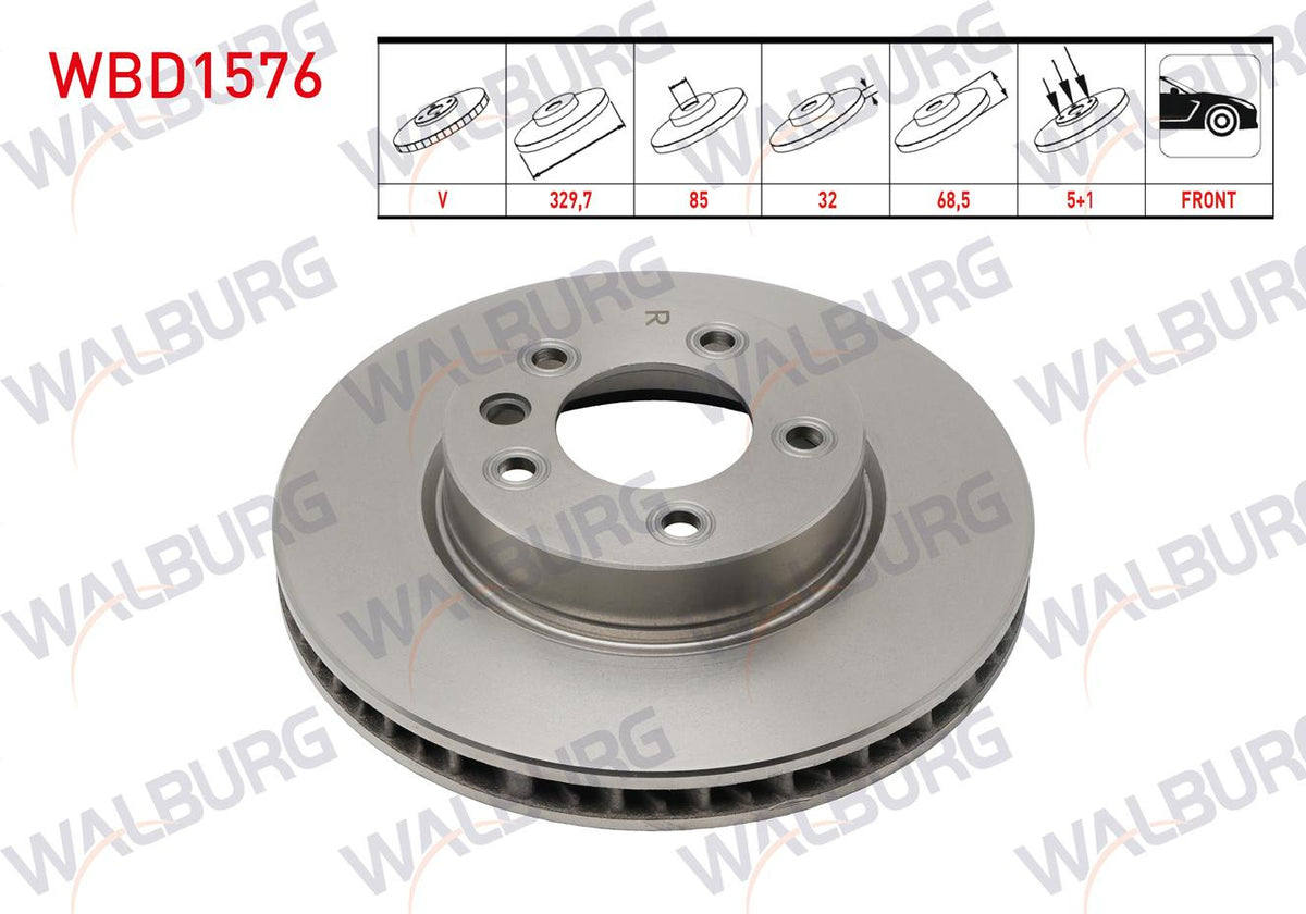 WALBURG WBD1576 Brake Disc Front Right Air 5 Bjn 329,7X32x85x68 — Brake Rotors & Drums