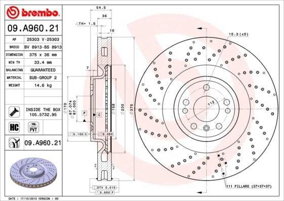 BREMBO 09.A960.21 Brake Disc - Drilled & Vented Design for — Brake Rotors & Drums