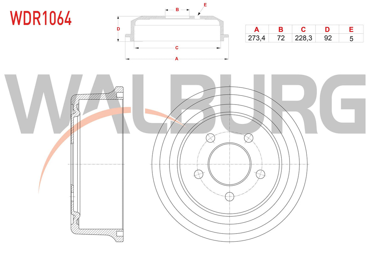 WALBURG WDR1064 Brake Drum Rear 5 Hole 273,4X72x228,3X92 Jeep Cherokee 2.5 Crd-2.8 Crd-2.4-3.7 4X4 200 — Brake Rotors & Drums