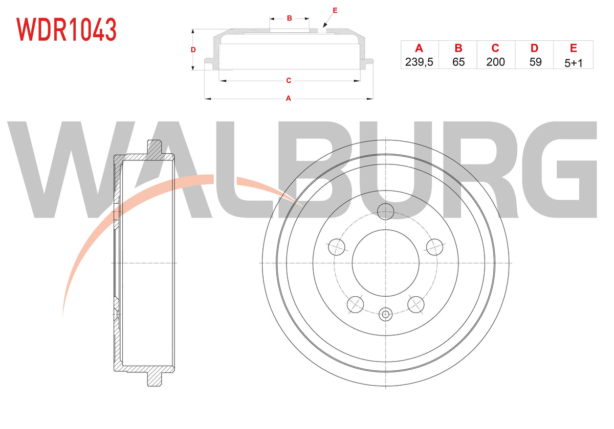 WALBURG WDR1043 Brake Drum Rear 5 Hole Volkswagen Golf IV (1J1) 1.9 TDI 1997-2005 / Polo (6R) 1.2 TDI-1.4 TSI 2009