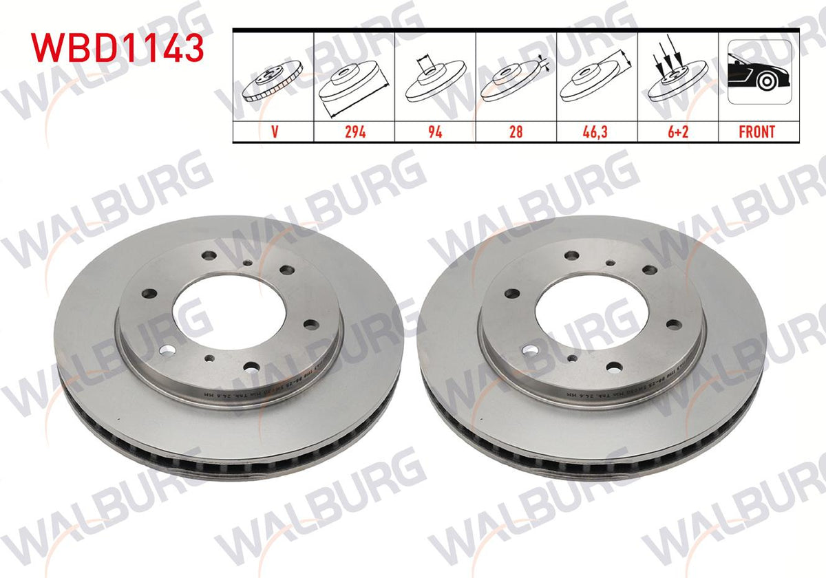 WALBURG WBD1143 Brake Disc Front Air 6 Bjn 294X28x94x46,3 Mitsubishi L 200 (Ka_T, Kb_T) 2.5 2005-2015 / L 200 (Kj_, Kk_, Kl_) 2.2.4 2.5 DI-D 4Wd 2014-/ Fiat Fullback Pick-Up 4X4 2016-| 2 A