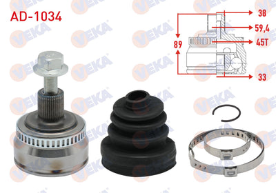 Veka AD-1034 CV Joint Left-Right Front Outer Audi A4 (8E2,B6) 1.6 with ABS 45 Outer 38X33x59 — Axles, CV Joints & Boots