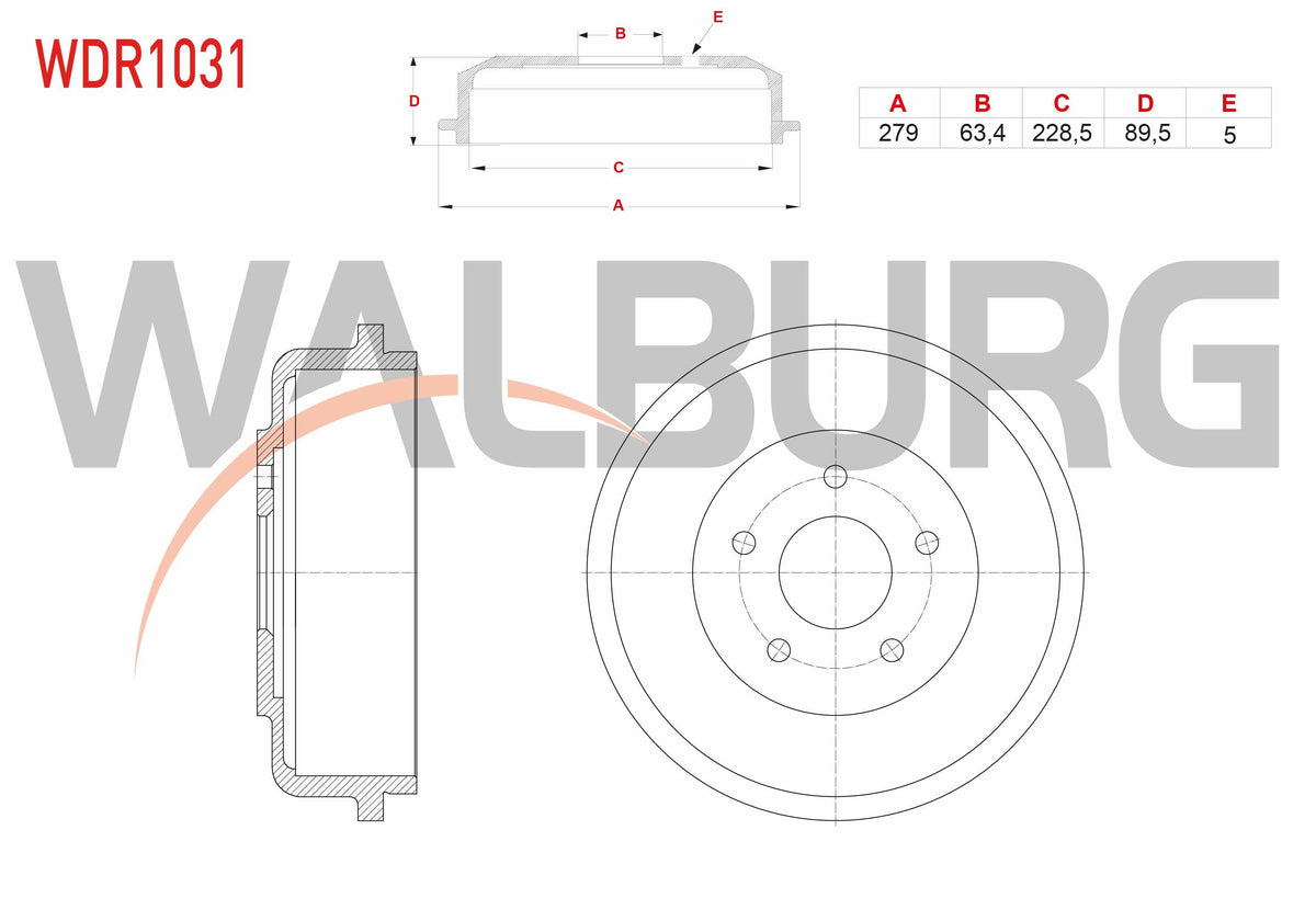 WALBURG WDR1031 Brake Drum Rear 5 Hole 279X63, 4X228 and 2 more models — Brake Rotors & Drums