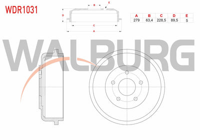 WALBURG WDR1031 Brake Drum Rear 5 Hole 279X63, 4X228 and 2 more models — Brake Rotors & Drums