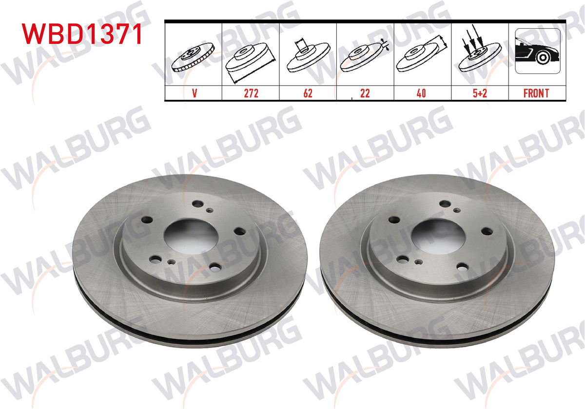 WALBURG WBD1371 Brake Disc Front Air 5 Bjn 272X22x62x40 Suzuki Swift IV (Fz,Nz) 1.2 2010-/ Swift IV (Fz,Nz) 1.3 2010-| Set of 2