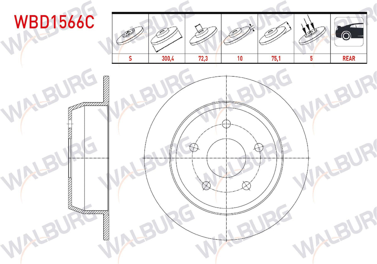 WALBURG WBD1566C Brake Disc Rear Straight Coated 5 Bjn 304,8X10x72,3X75,1 Jeep Cherokee 2.5 TD-4.0i 4X4 1984-2001 / Grand Cherokee II 2.7 CRDi-3.1 TD-4.0-4.7 V8 4X4 1998-2005 | Set of 2