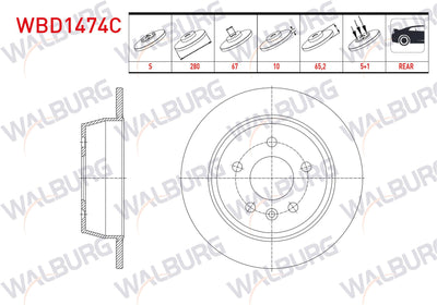 WALBURG WBD1474C Brake Disc Rear Straight Coated 5 Bjn 280X10x67x65 — Brake Rotors & Drums