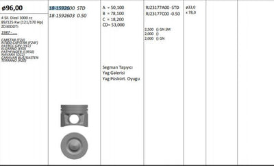 King 181592600 Piston 96.00 mm (Std) Nissan Navara Terrano 3.0 D Zd30ddti (Rıken with Piston Rings) — Pistons & Rotating