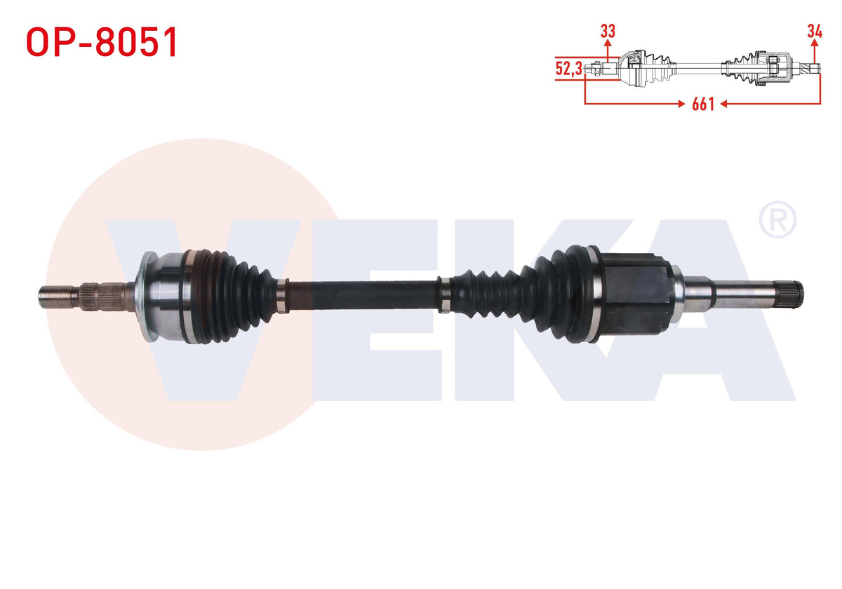 Veka OP-8051 Complete Axle Left Length 661mm Opel Astra K 1.6 CDTi-1.6 Turbo A / T 2015 — Axles, CV Joints & Boots