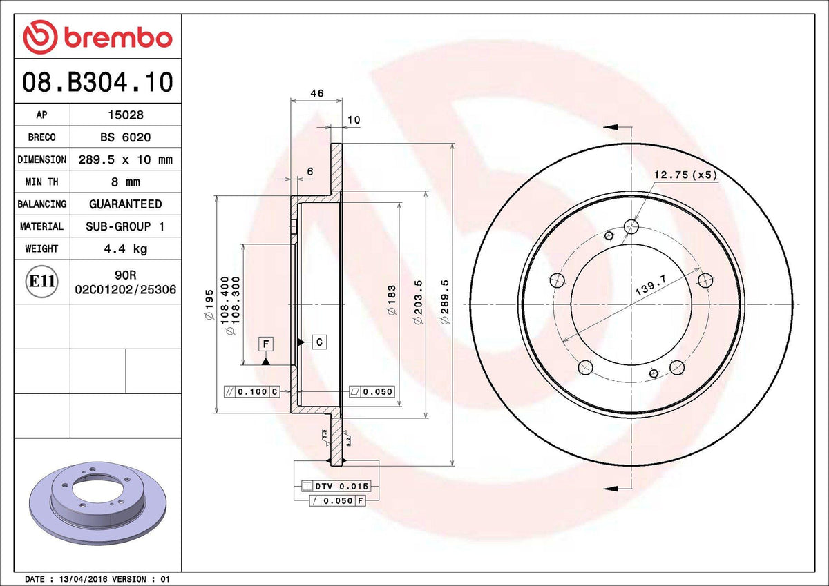 Brembo 08.B304.10 Brake Disc Front Straight-(289-5)-(Suzuki Jimny 1.3 01 /) — Brake Rotors & Drums