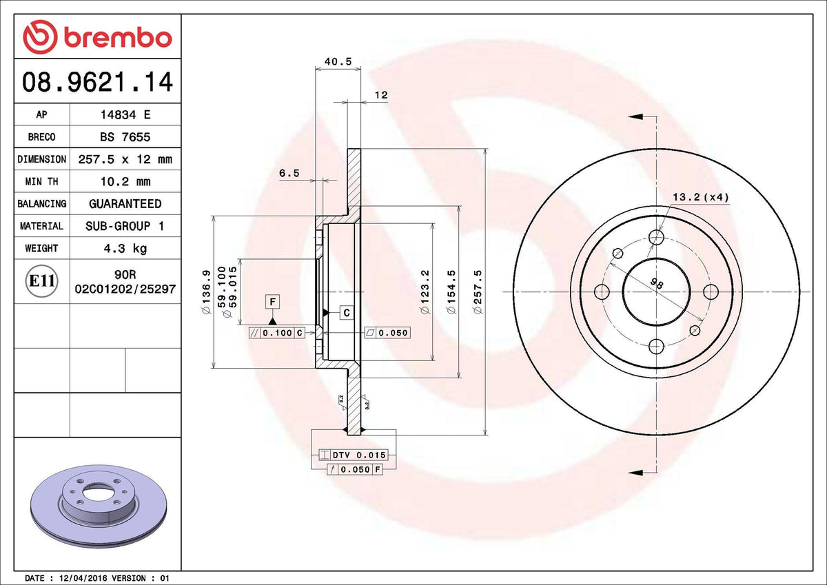Brembo 08.9621.14 Brake Disc Front Standard Alfa Romeo Brava/Bravo/Marea/Punto/145/146 — Brake Rotors & Drums