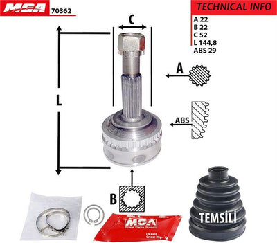 MGA 70362 CV Joint Outer ABS Equipped 29D (Opel: Vectra A / Astra F / Kadet 1.4 1.6 91-95) 22×22×5 — Axles, CV Joints & Boots