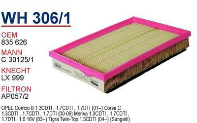 Wunder WH306-1 Opel Corsa C 1.3 /1.7 Diesel Air Filter with Foam — Air & Cabin Filters