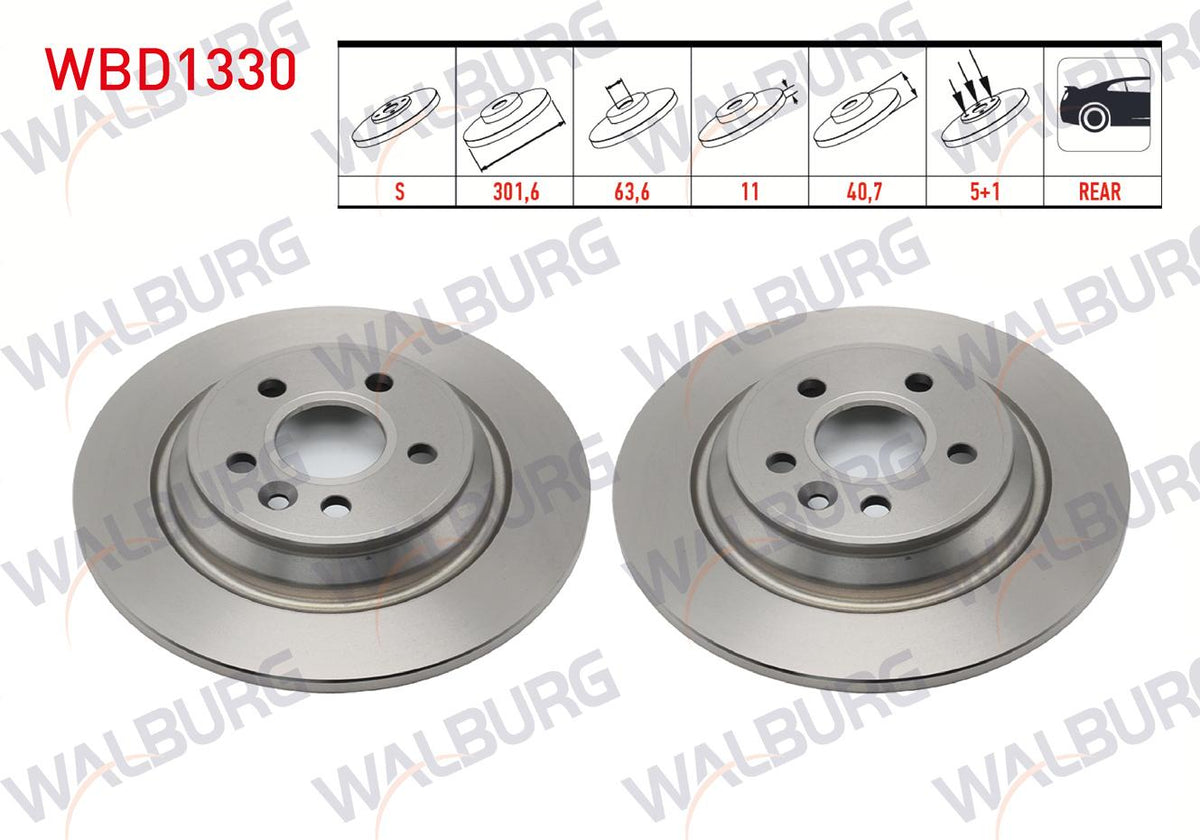 WALBURG WBD1330 Brake Disc Rear Straight 5 Bjn 301,6X11x63,6X40,7 S60 II 2.0 T3-4-5-2.0D3-2.0T D5 16 Rim 4X2 (Elk.El Brake) 2010-/S80 II 2.4 T5-T6-2.5i T 2006-/V60 2.9 T4 2010-/V70 III 2.0-2.5T