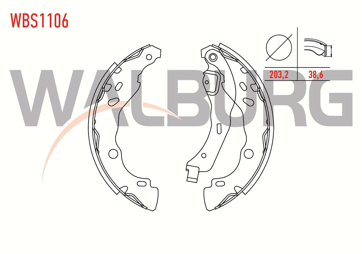 WALBURG WBS1106 Brake Shoe Rear Dacia Logan 1.5 dCi with Lever 203,2X38 — Brake Cables & Hardware