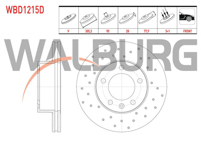 WALBURG WBD1215D Brake Disc Front Air Performance Drilled 5 Bjn 305,3X28x90x77,9 Renault Master II 1.9 dCi-1.9 DTi-2.5 dCi 16 Rim 1998-2010 /Opel Movano A 2.5 D 16 Rim 2001-2010 | 2 AdetTak