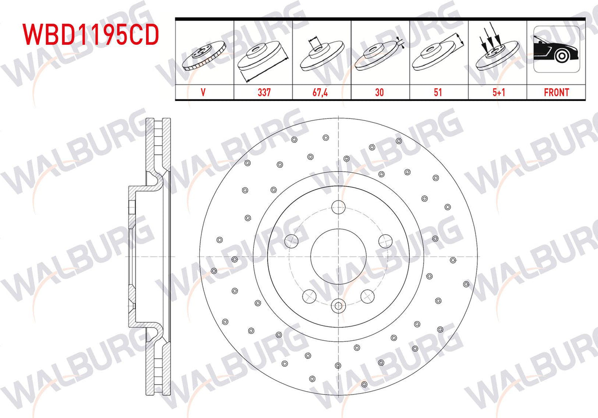 WALBURG WBD1195CD Brake Disc Front Air Coated Performance Drilled 5 Bjn 337X30x67,4X51 Opel Insignia 1.6-1.6 T-2.0 CDTi-2.0 T 18 Rim 2008-| Set of 2