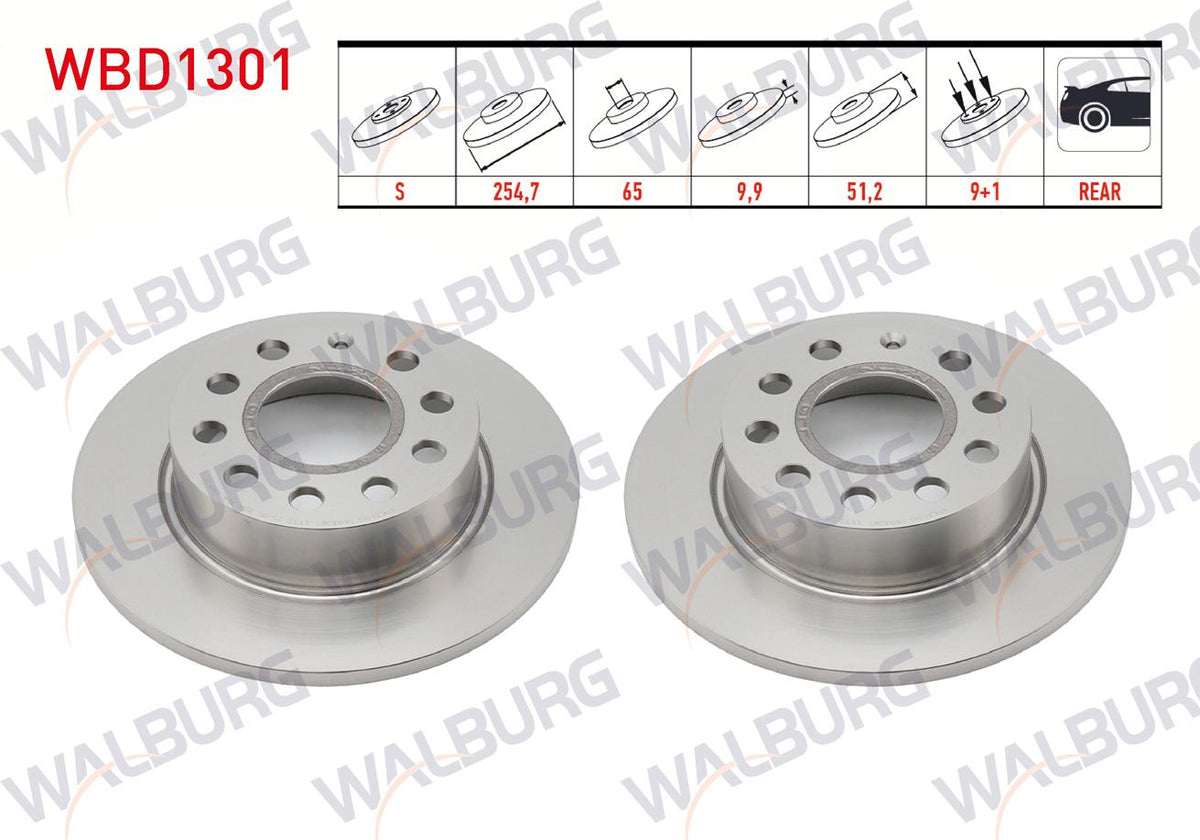 WALBURG WBD1301 Brake Disc Rear Straight 5 Bjn 253X9,9X65x51 — Brake Rotors & Drums
