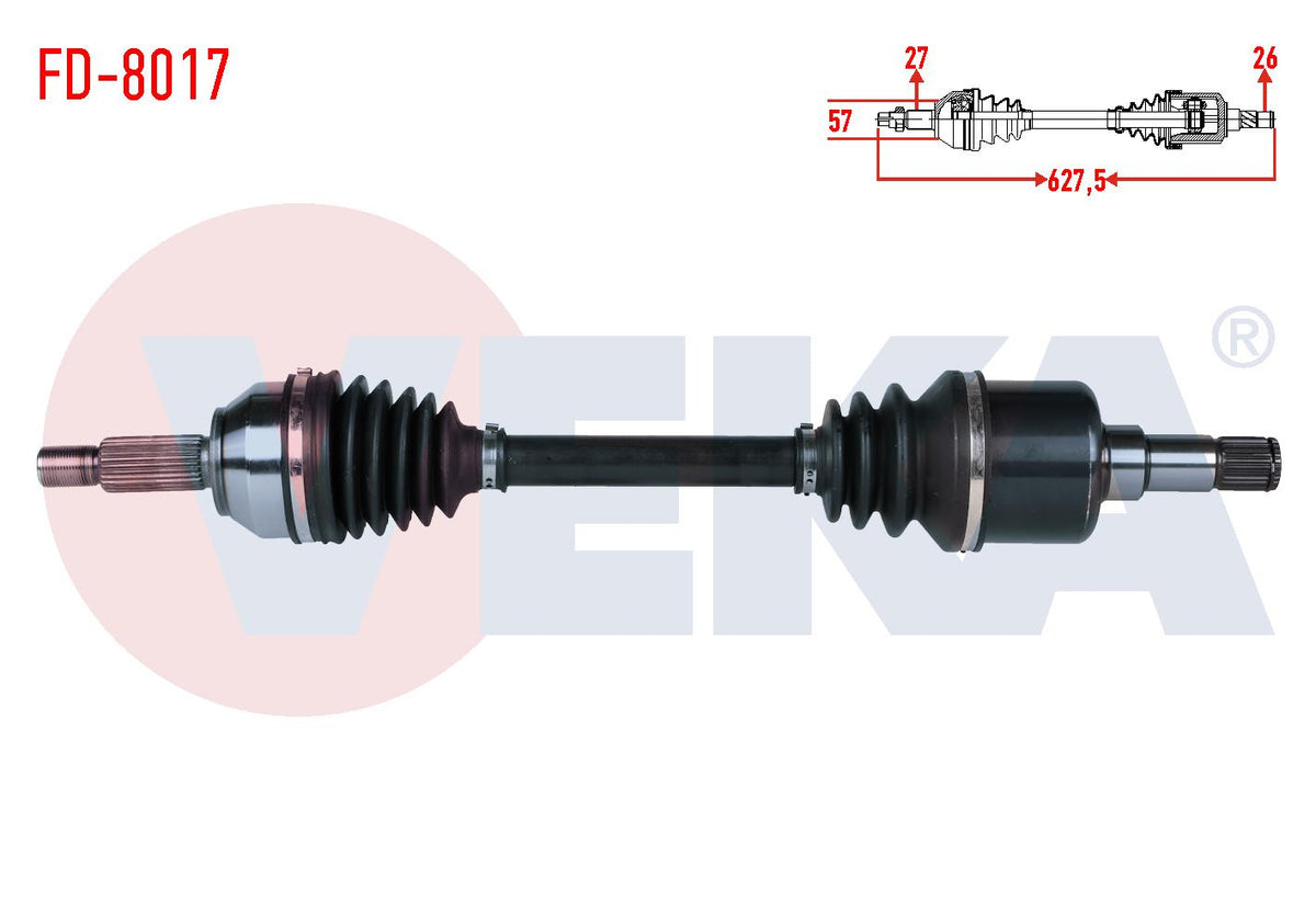 Veka FD-8017 Complete Axle Left Front Ford Mondeo III 2.0i 16V Length 627,5mm 2000-2007 — Axles, CV Joints & Boots