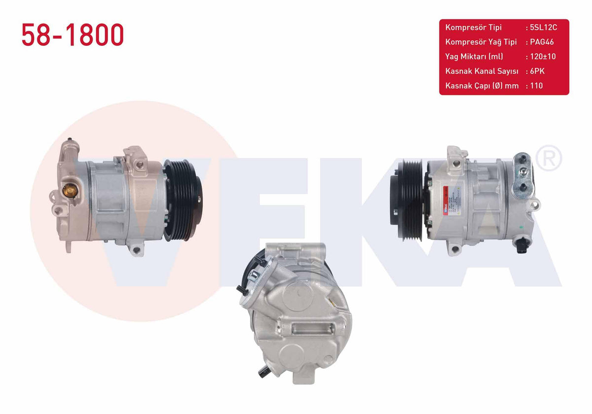Veka 58-1800 A/C Compressor 6Pk 110mm Alfa Romeo MiTo