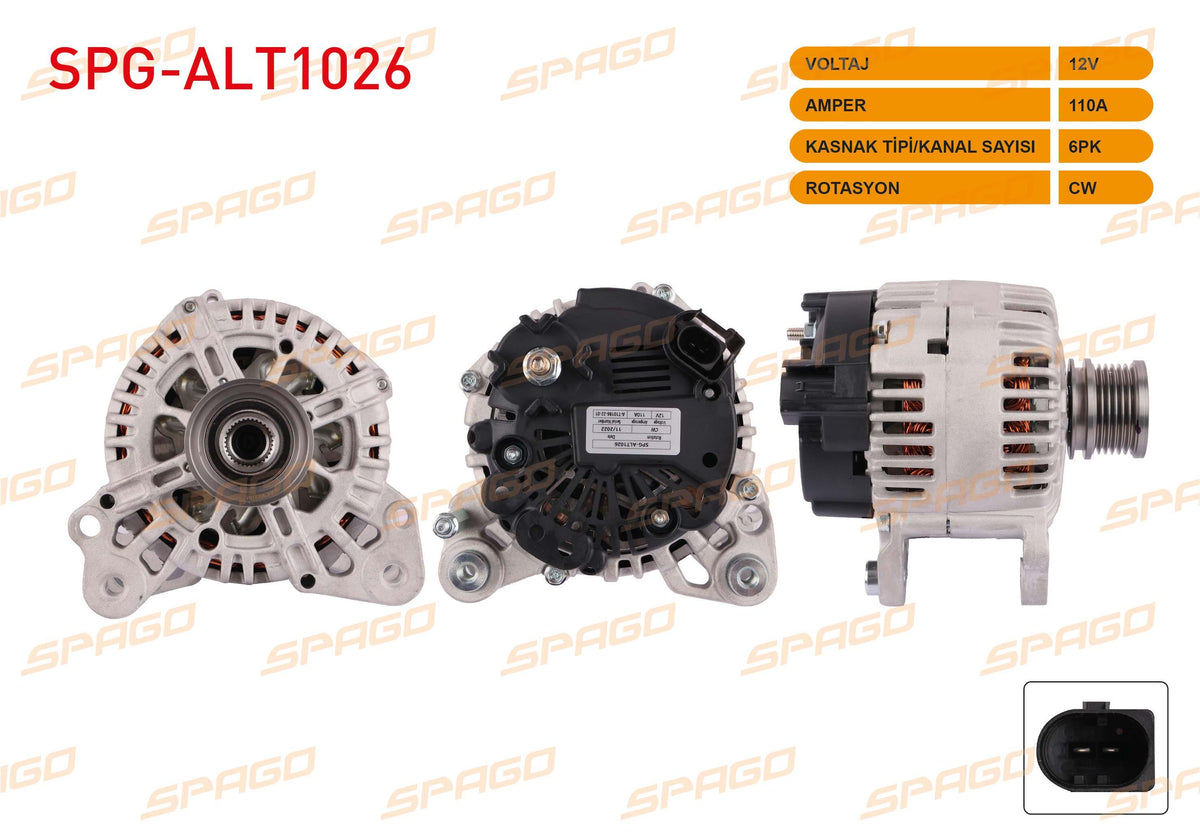 SPAGO SPG-ALT1026 Alternator 12V 110A 6Pk Transporter T5 T6-Crafter 11-16-Amarok 10-22 (2.0 TDI Vehicle — Starting & Charging
