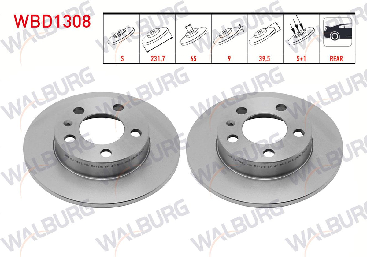 WALBURG WBD1308 Brake Disc Rear Straight 5 Bjn 230X9x65x40 — Brake Rotors & Drums