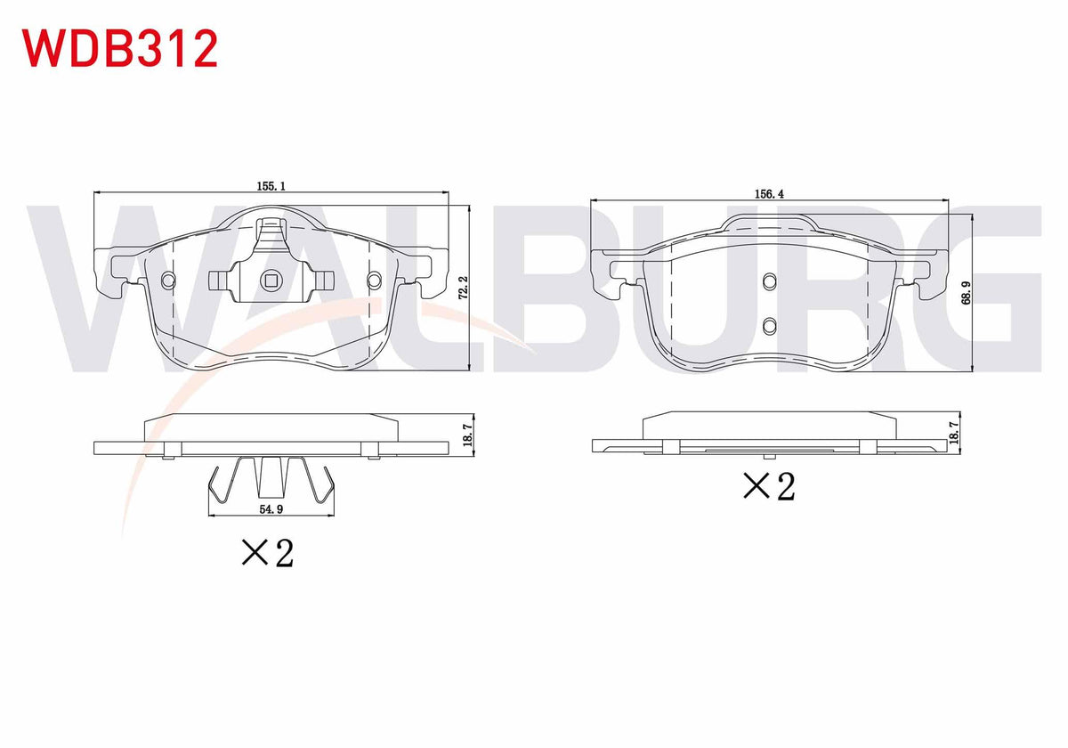 WALBURG WDB312 Brake Pad Front Volvo C70 I 2.0 1998-2005 / S60 I 2.0 T5 2000-2010 / S80 I 3.0 T6 1998-2006 / V70 — Brake Pads