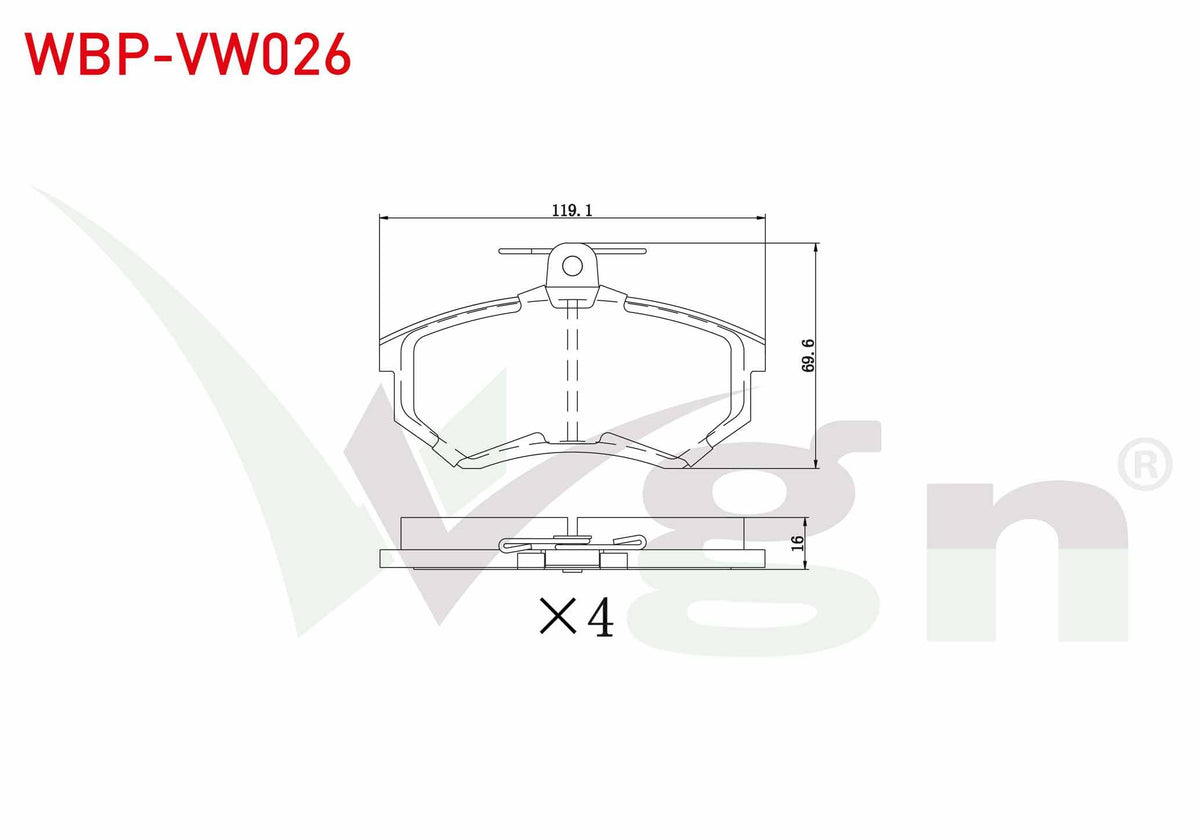 WGN WBP-VW026 Brake Pad Front Volkswagen Polo Classic (6Kv2) 1.6 1995-2001 / Golf II (19E,1G1) 1.8 GTI 1983-1992 / Audi 80 (89,89Q,8A,B3) 1.8 S 1986-1991 / 80 (89,89Q,8A,B3) 1.6 TD 1986-1991