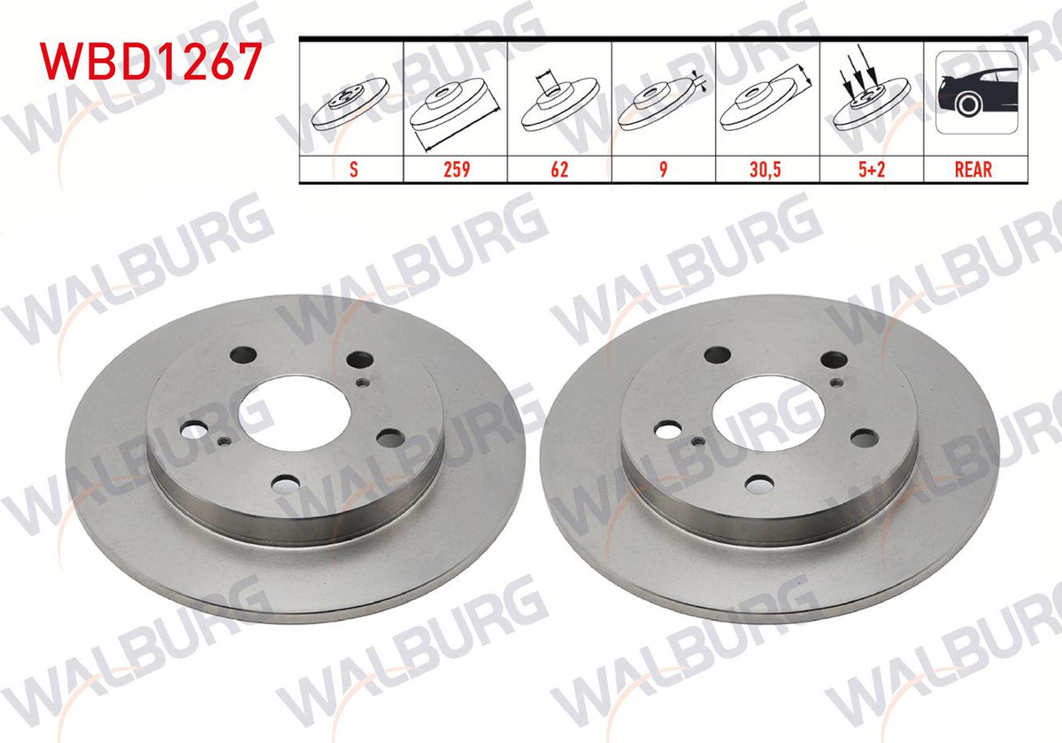 WALBURG WBD1267 Brake Disc Rear Straight 5 Bjn 259X9x62x30,5 Toyota Corolla 1.4 Vvt-I-1.6 Vvt-I 2007-2012 / Corolla 1.6 2012-/ Corolla 1.33 2007-2012 / Auris 1.33 Dual-Vvt-I 2007-2012 / Auris 1.6