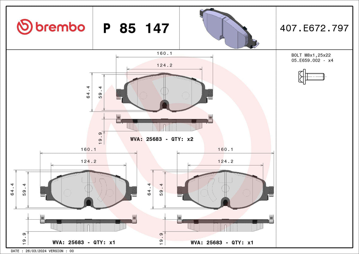 Brembo P85147 Front Brake Pad-Kablolu-(VW Caddy 16-Golf 13-Audi A3 13-Seat Leon 13-Skoda Octavia 13 -) — Brake Pads