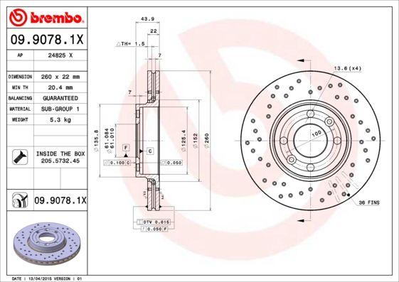 Brembo 09.9078.1X Brake Disc Front Xtra Line Clio III Modus Megane II 1.2 1.4 16V 1.5 Drilled — Brake Rotors & Drums