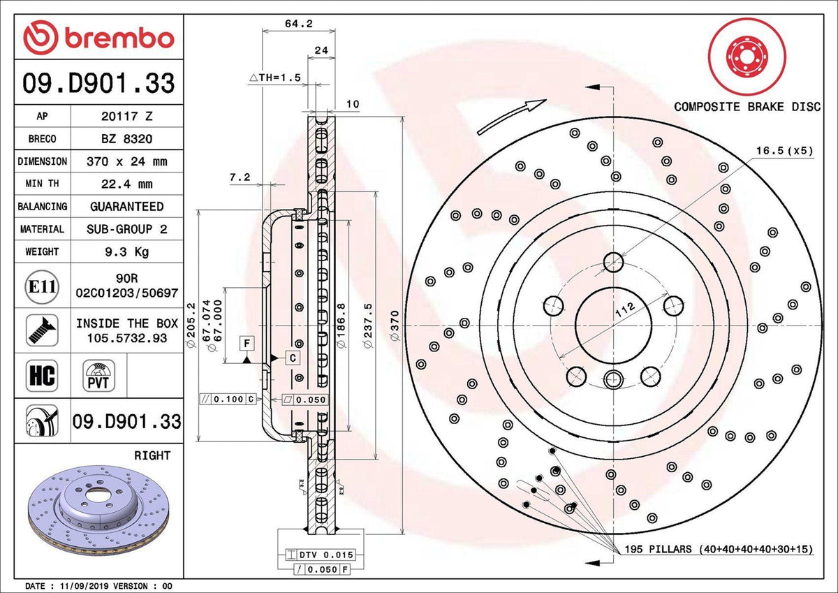 Brembo 09.D901.33 Rear Brake Disc BMW G30 G32 G11 M Sport 17> Set of 2 — Brake Rotors & Drums