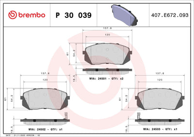 Brembo P30039 Brake Pad Front Tucson 15- Ix35 10- Sonata 14- I40 11- Kona 16- Soul 15- Sportage 10-15 — Brake Pads