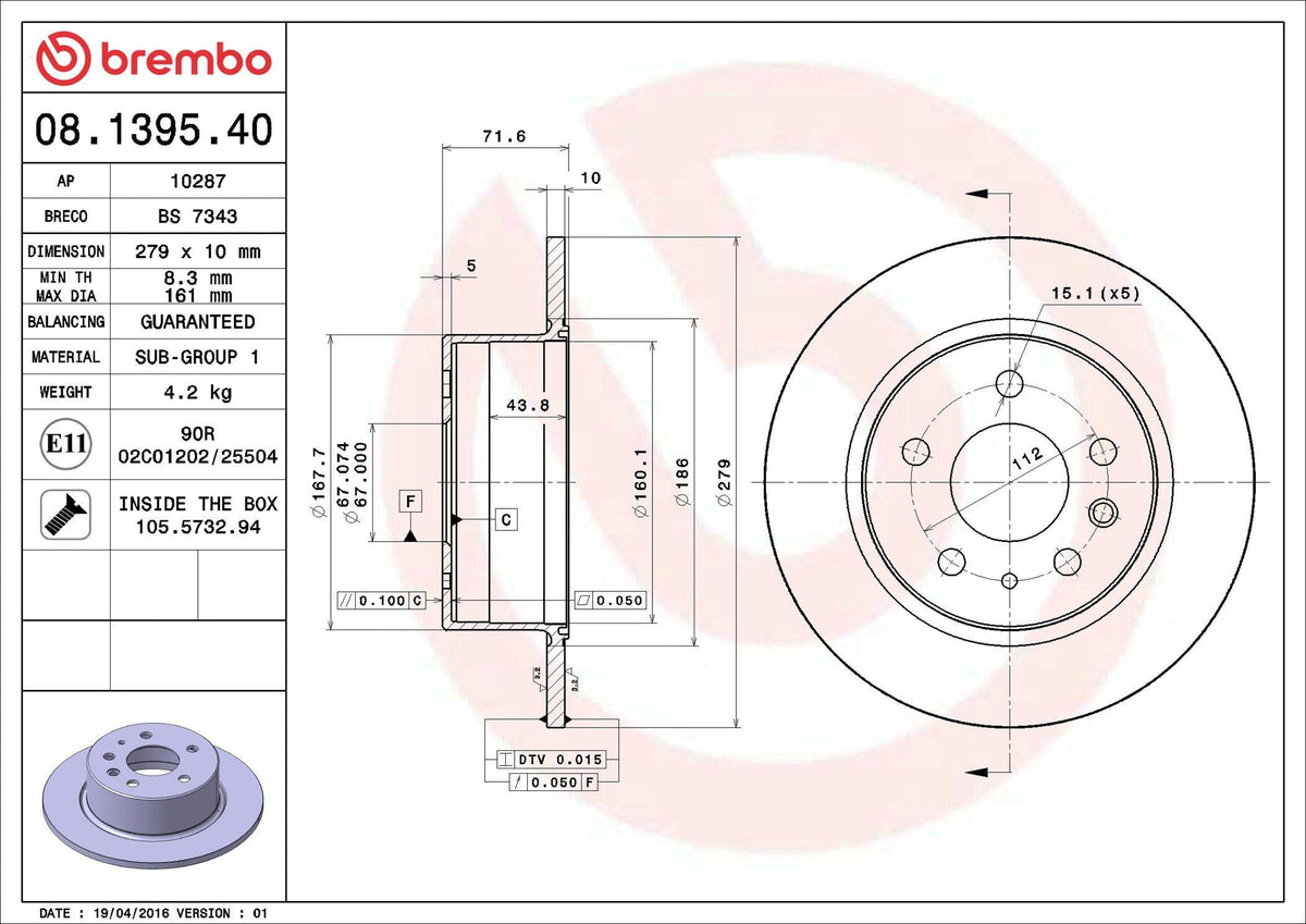 Brembo 08.1395.40 Brake Disc Rear Mercedes W115/W116/W123/W126 65-86 — Brake Rotors & Drums