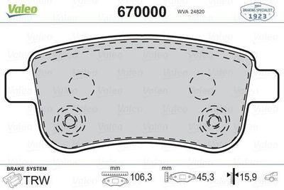 Valeo 670000 Brake Pad Rear 09-Fluence-Megane.3 Otm. El Brake System — Brake Pads