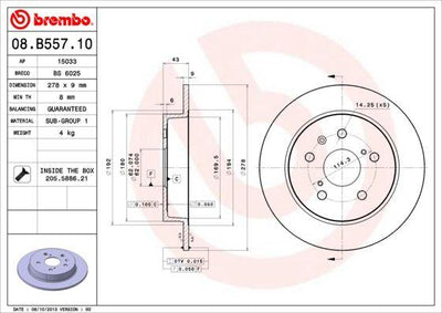 Brembo 08.B557.10 Brake Disc Rear Straight-(278-5)-(Suzuki Sx4 2006 / /) — Brake Rotors & Drums