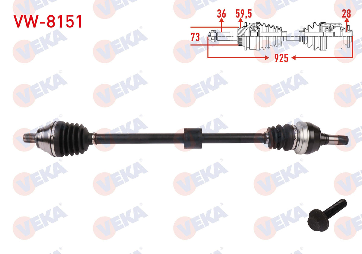 Veka VW-8151 Complete Axle Right Front Length 925mm Volkswagen Tiguan (Ad1) 1.5 TSI A-T 2018-/ Art — Axles, CV Joints & Boots