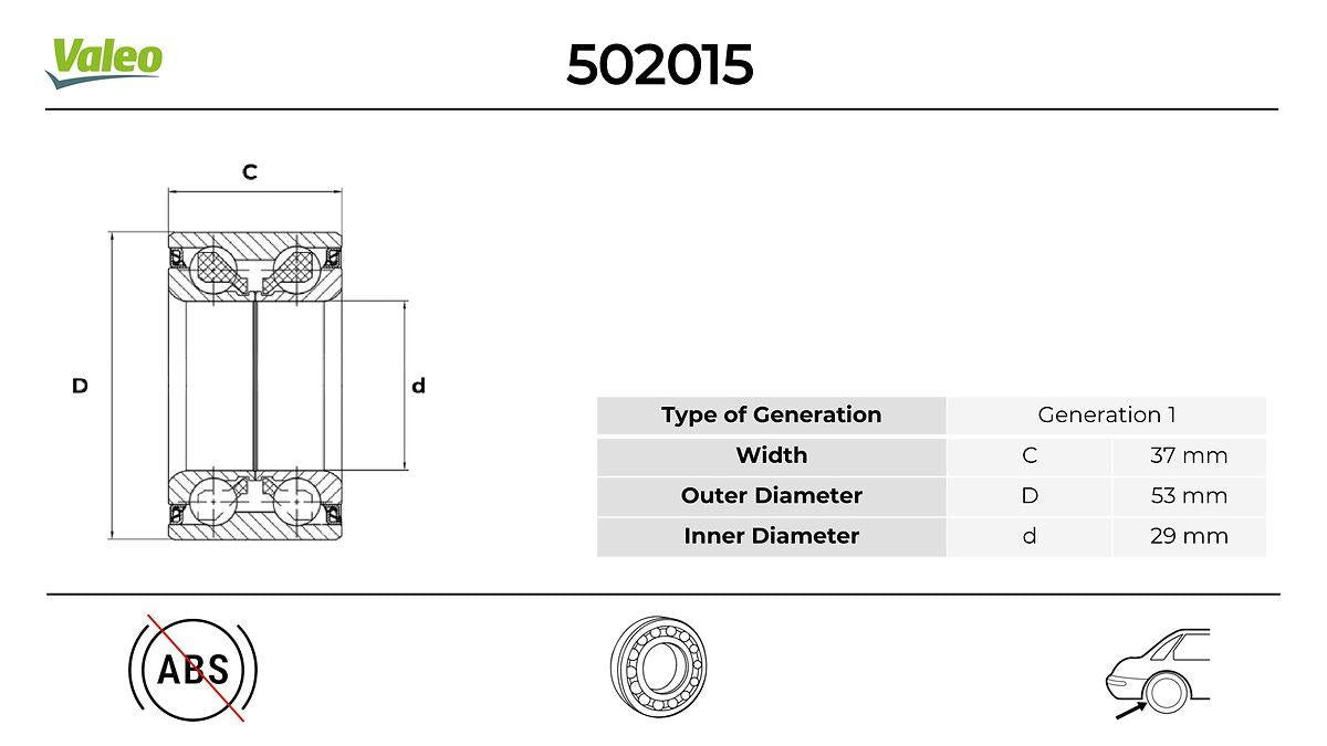 Valeo 502015 Wheel Bearing Rear ABS li Fiesta Fusion 02-09 Focus 98-05 — Wheel Bearings