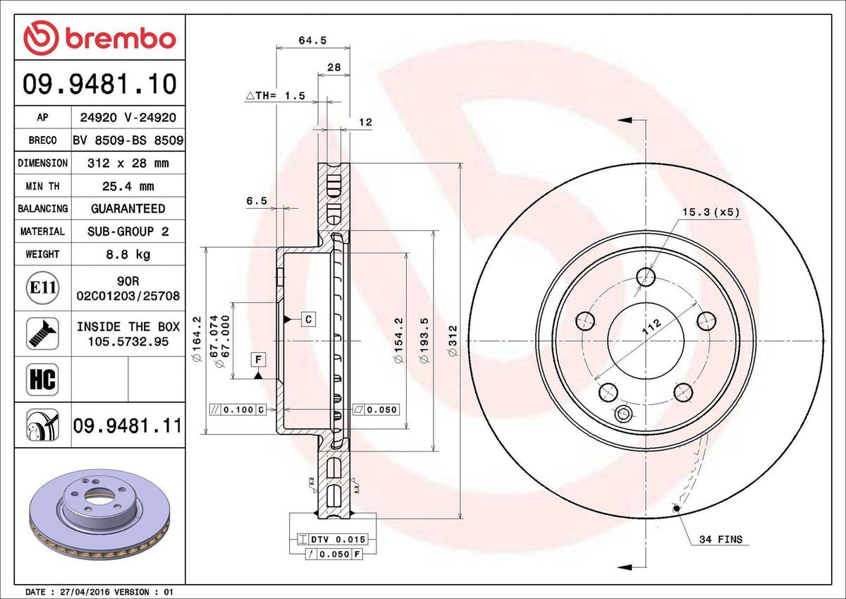Brembo 09948111 Brake Disc Front Mercedes C219 W211 S211 — Brake Rotors & Drums