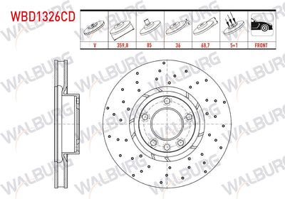 WALBURG WBD1326CD Brake Disc Right Front Air Coated Performance Drilled 5 Bjn 359,80X36x85x68 — Brake Rotors & Drums