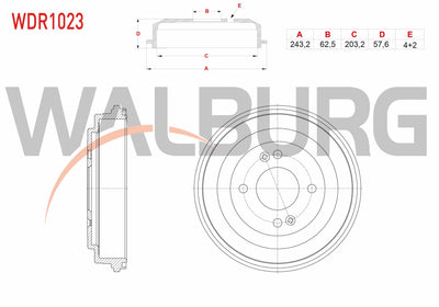 WALBURG WDR1023 Brake Drum Rear 4 Hole 243, 2X62 and 3 more models — Brake Rotors & Drums