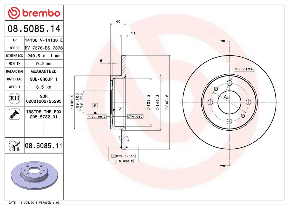 Brembo 08.5085.14 Brake Disc Front & Rear Standard Fiat 500 500C Tempra Tipo Punto Panda Marea Bravo Alfa Romeo 145 146 155 Set