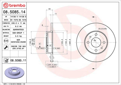 Brembo 08.5085.14 Brake Disc Front & Rear Standard Fiat 500 500C Tempra Tipo Punto Panda Marea Bravo A — Brake Rotors & Drums