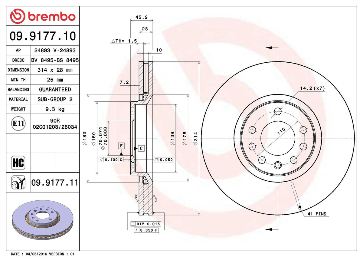 Brembo 09.9177.11 Brake Disc Front UV Coated Opel | Set of 2