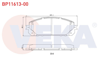 Veka BP11613-00 Brake Pad Front Cable Drilled Jeep Cherokee (Kl) 2.0 Crd 2014-/ Cherokee (Kl) 3.2 V6 2014