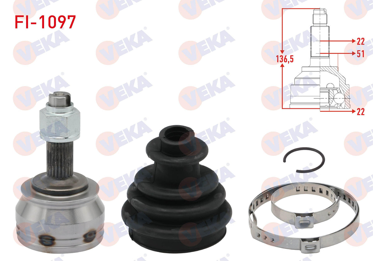 Veka FI-1097 CV Joint Left-Right Front Outer Fiat Linea (323) 1.4 22X22x51 Length 136,5 mm 2007 — Axles, CV Joints & Boots