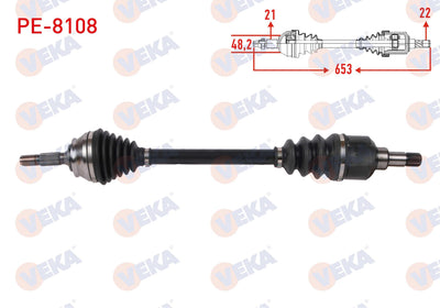 Veka PE-8108 Complete Axle Left Front Length 653mm Peugeot 2008 I 1.2 M-T 2005-/ Citroen C3 III 1. — Axles, CV Joints & Boots