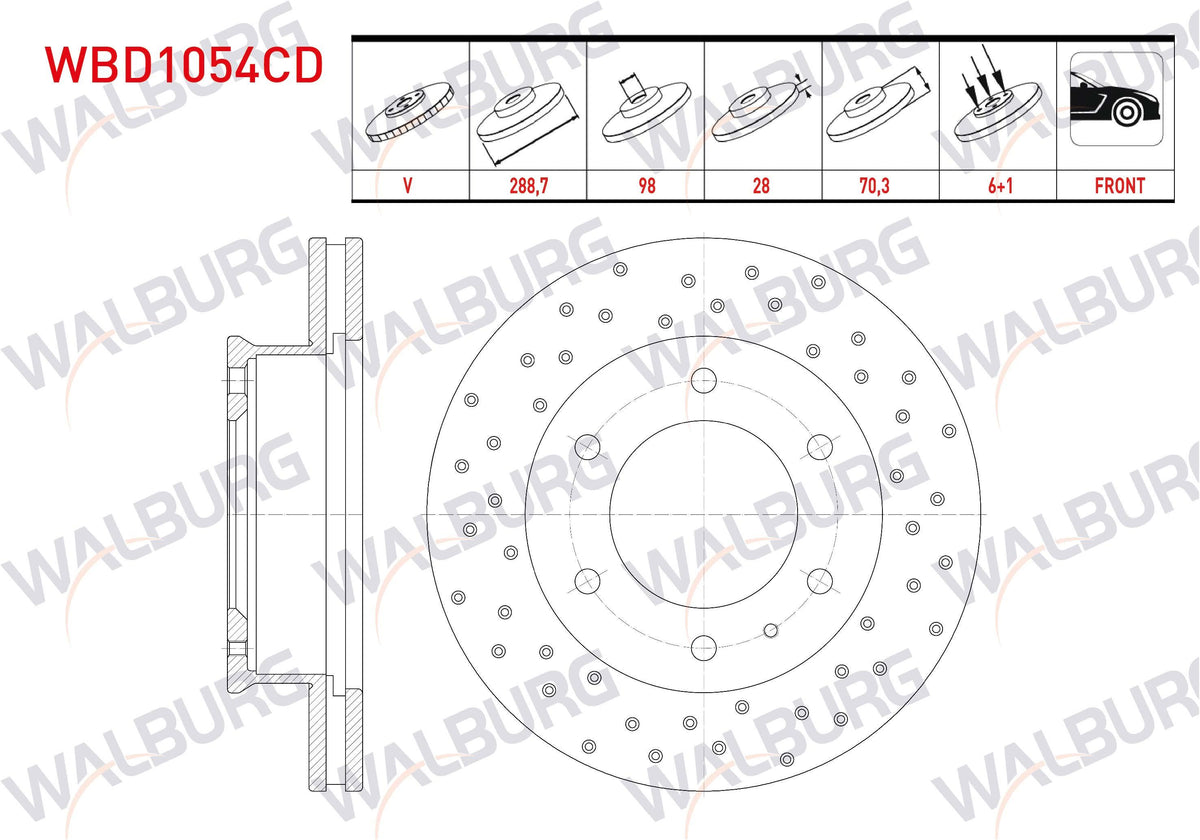 WALBURG WBD1054CD Brake Disc Front Air Coated Performance Drilled 6 Bjn 288,7X28x98x70 — Brake Rotors & Drums